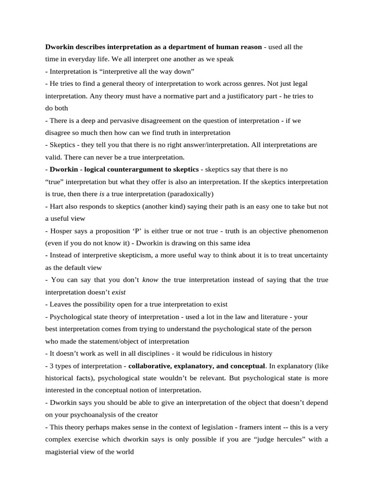 Dworkin's Lecture - Truth in Interpretation Notes | PDF ...