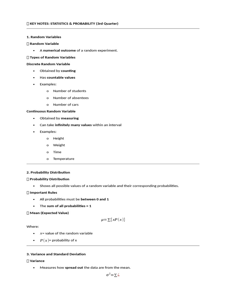 Key Notes Statistics Probability 3rd Quarter | PDF | Standard Deviation ...