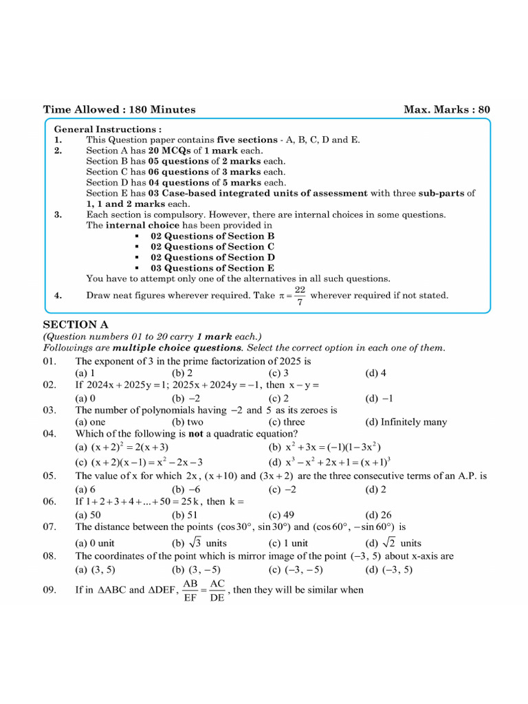 CBSE X Maths Sample Papers | PDF