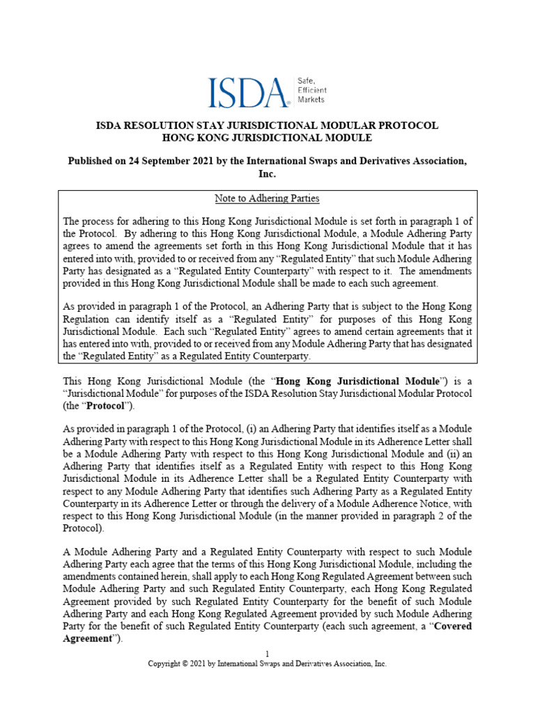 ISDA Hong Kong Jurisdictional Module To The ISDA Resolution Stay ...