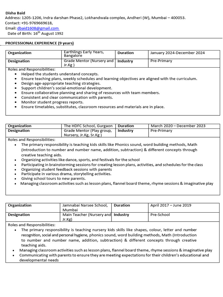 Resume_Disha Baid | PDF | Lesson Plan | Preschool