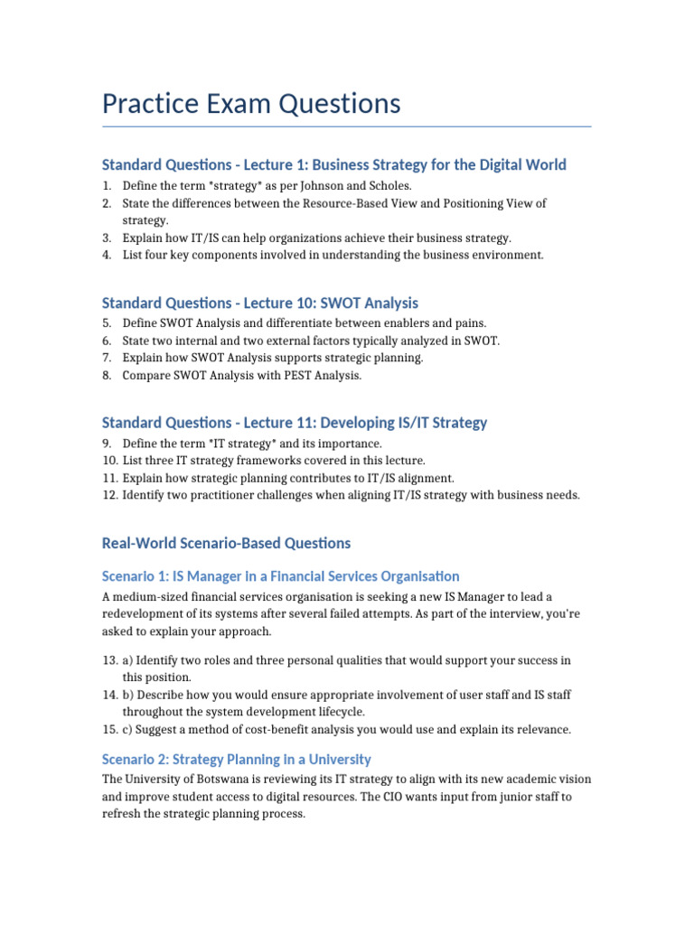 Practice Exam Questions Lectures 1 11 | PDF | Swot Analysis | Strategic ...