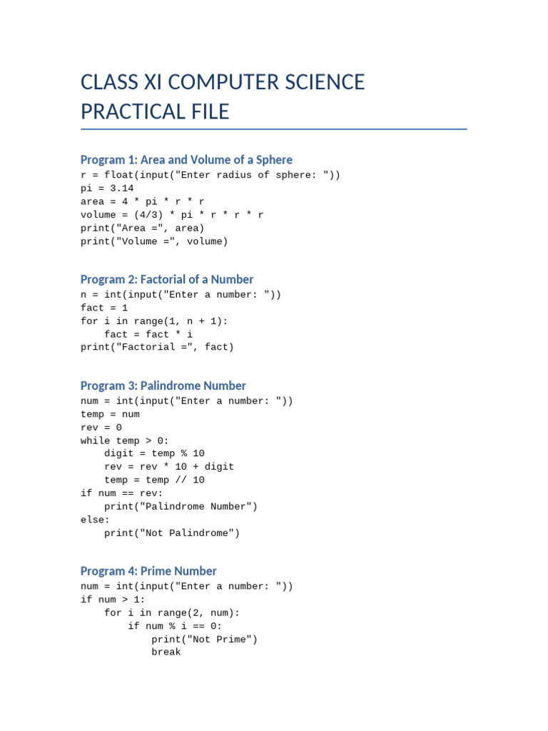 Class XI Computer Science Practical File | PDF | Software Engineering ...