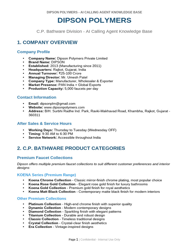 Dipson Bathware AI Agent Knowledge Base | PDF | Tap (Valve) | Metals