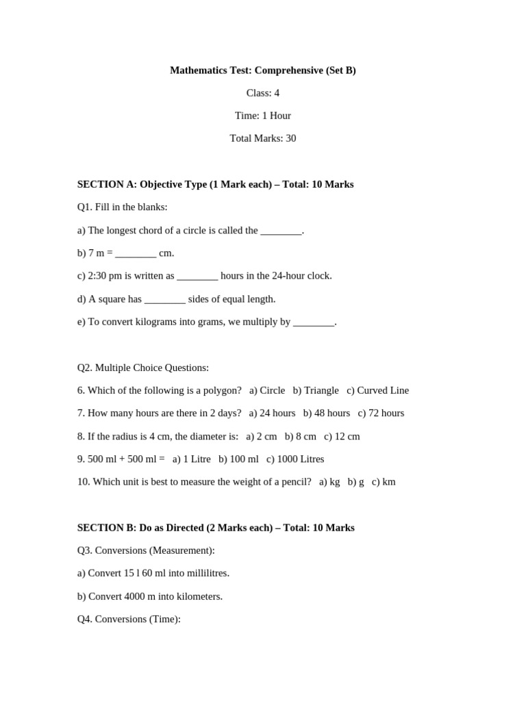 Class 4 Math Question Paper Set B Student | PDF