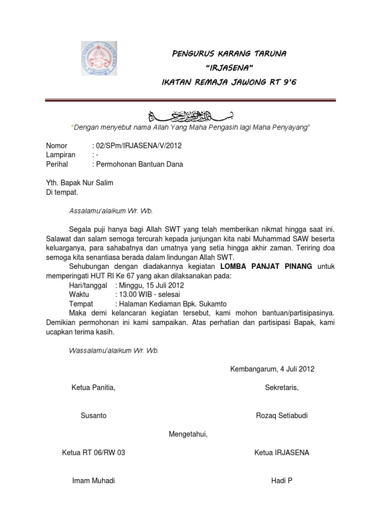 Surat Permohonan Bantuan Dana Untuk Kegiatan Doc