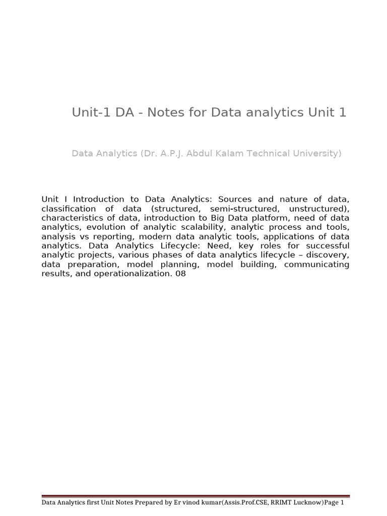 Unit 1 Da Essential Notes On Data Analytics Concepts and Techniques | PDF