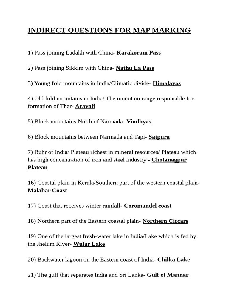 Indirect Questions of India Map | PDF | Physical Geography | Earth Sciences