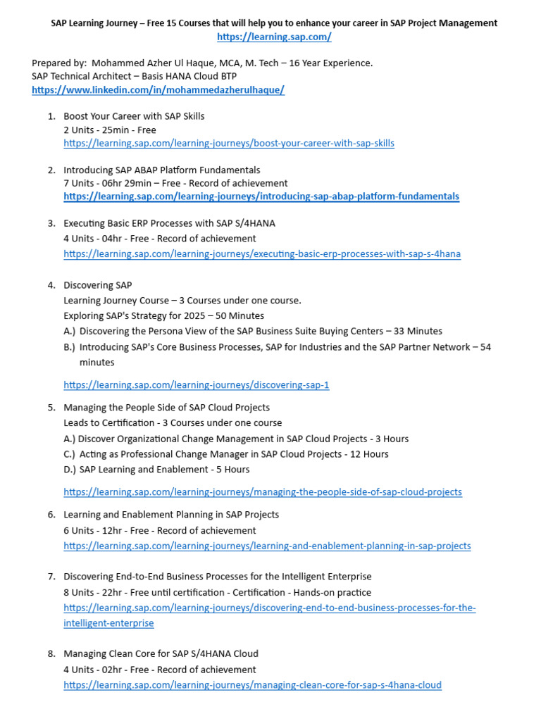15 Free SAP Project Management Courses by Azher Ul Haque | PDF