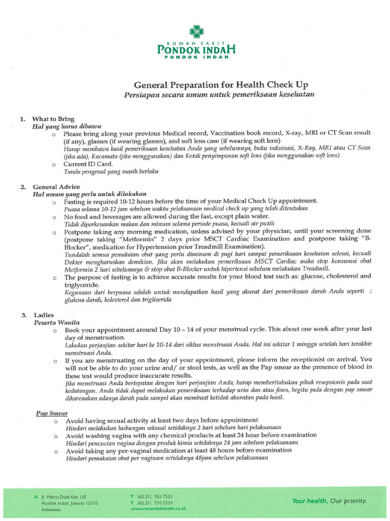 General Preparation for Medical Check Up (RSPI Pondok Indah) | PDF