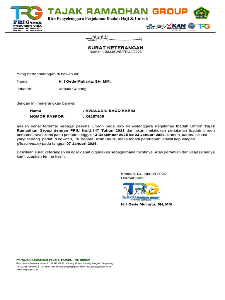Surat Pengantar Umroh - Awaludin Baco Karim - 0023 | PDF