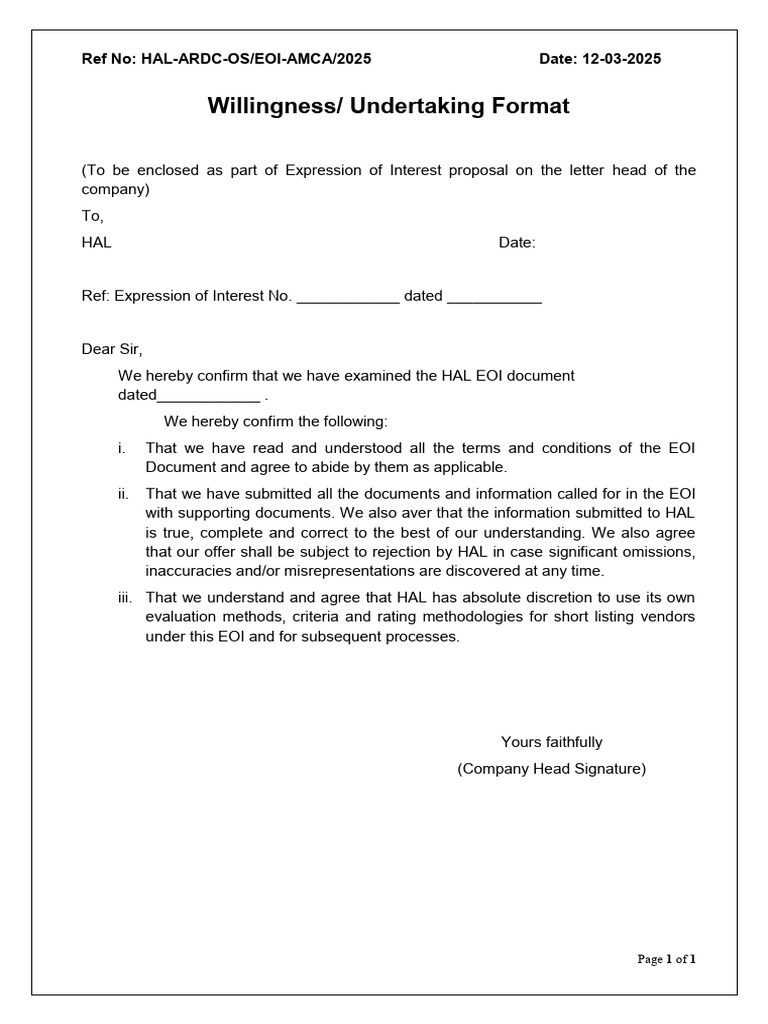 Willingness Undertaking Format | PDF