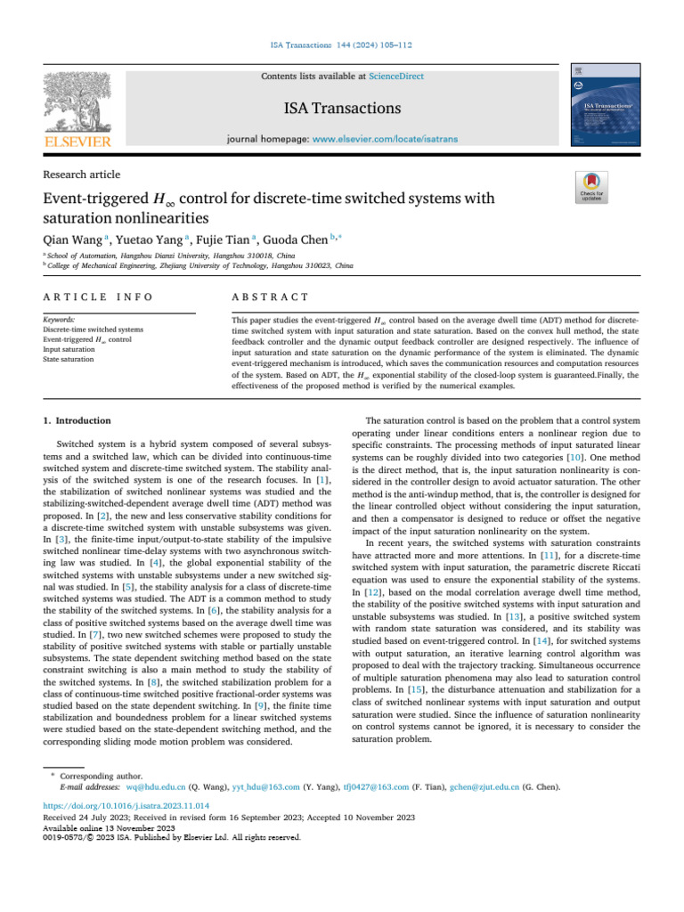 Event-Triggered H Control For Discrete-Time Switched Systems With ...