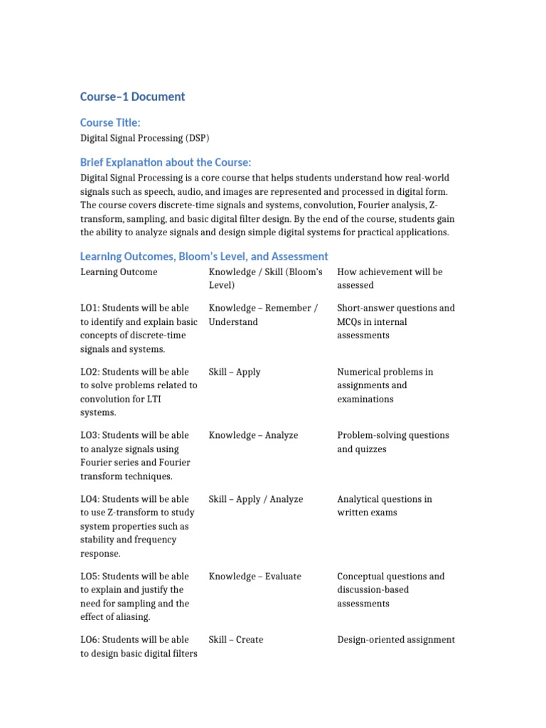DSP Learning Outcomes NPTEL LO Numbered-1 | PDF