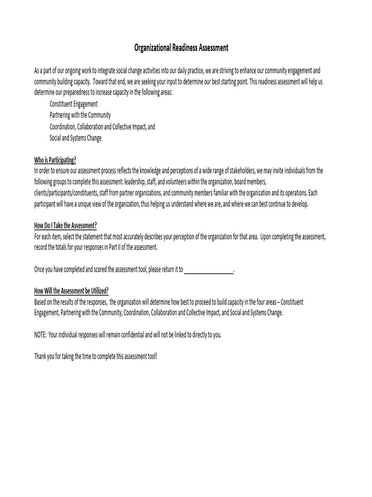 Organizational Readiness Assessment Tool | PDF