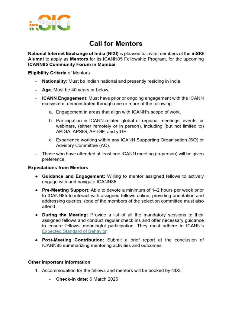 Call For Mentors For NIXI Fellowship Program For ICANN85 | PDF