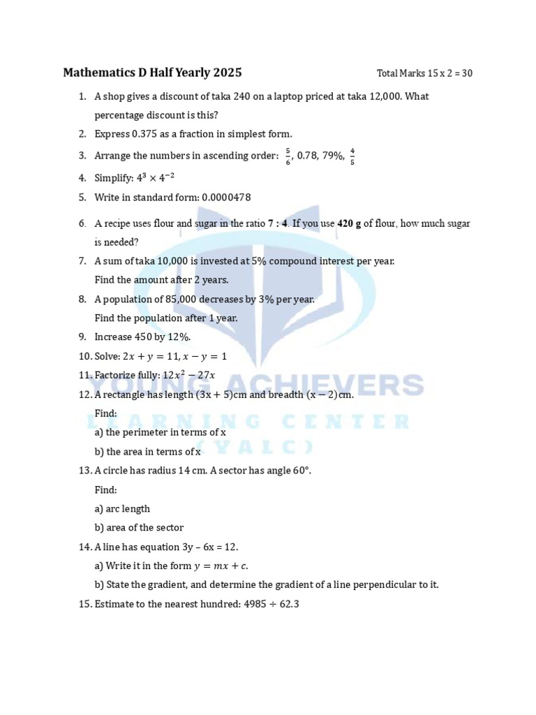 Mathematics D Half Yearly 2025 Test Practice | PDF