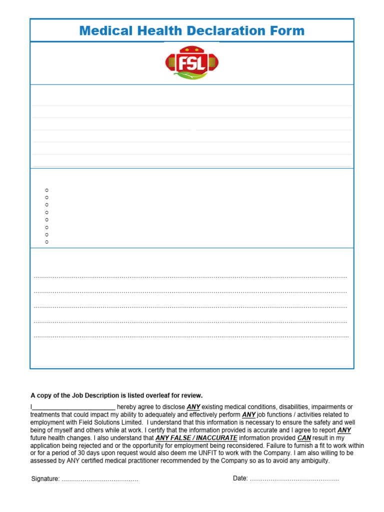 Medical Health Declaration Form - NEW | PDF