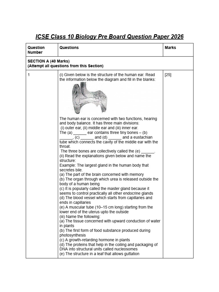 Icse Class 10 Biology Pre Board Question Paper 2026 1769174995004 | PDF ...