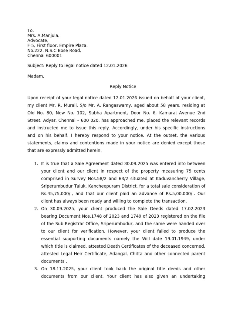 Reply Notice - Nandhini | PDF | Private Law | Common Law