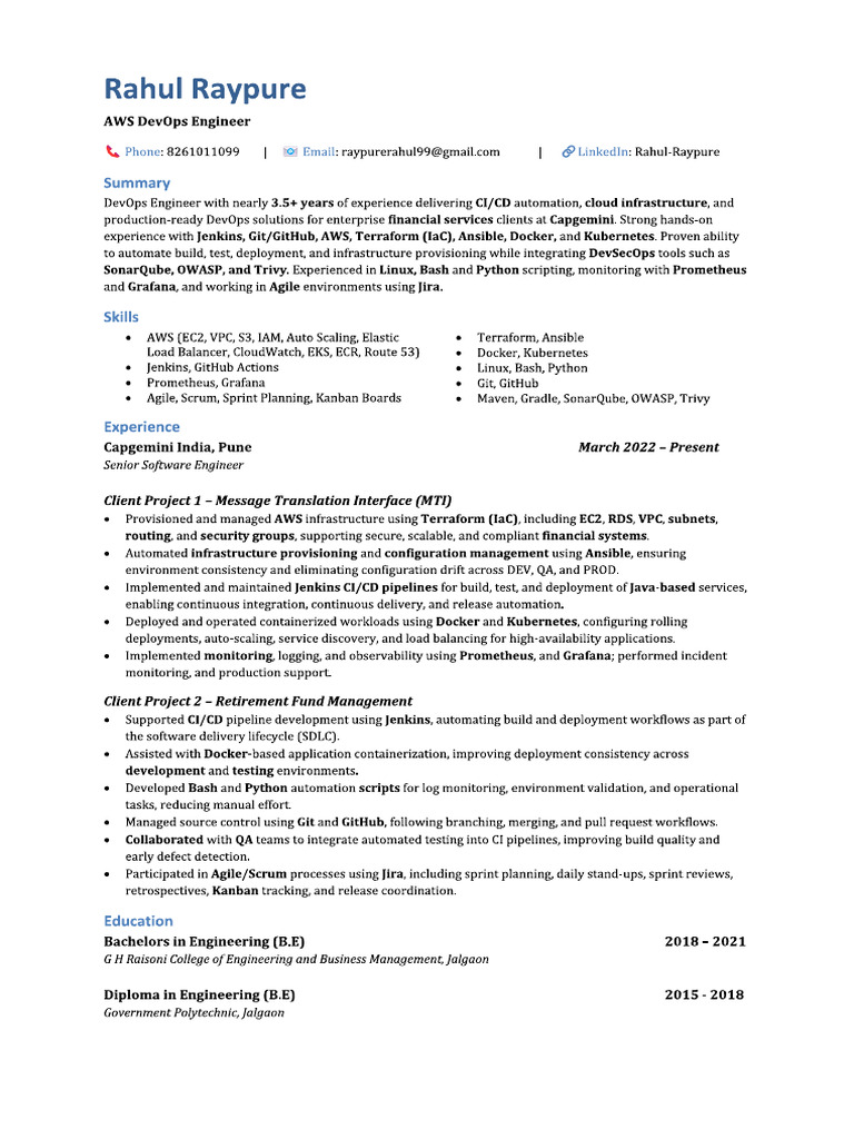 Rahul Raypure AWS DevOps Resume | PDF