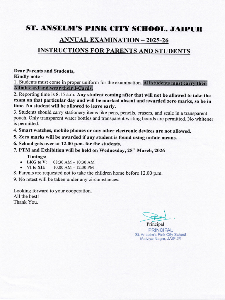 Instructions For Parents and Students - Annual Examination 2025 | PDF