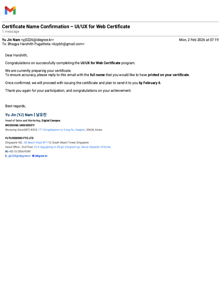 Gmail - Certificate Name Confirmation - UI - UX For Web Certificate | PDF