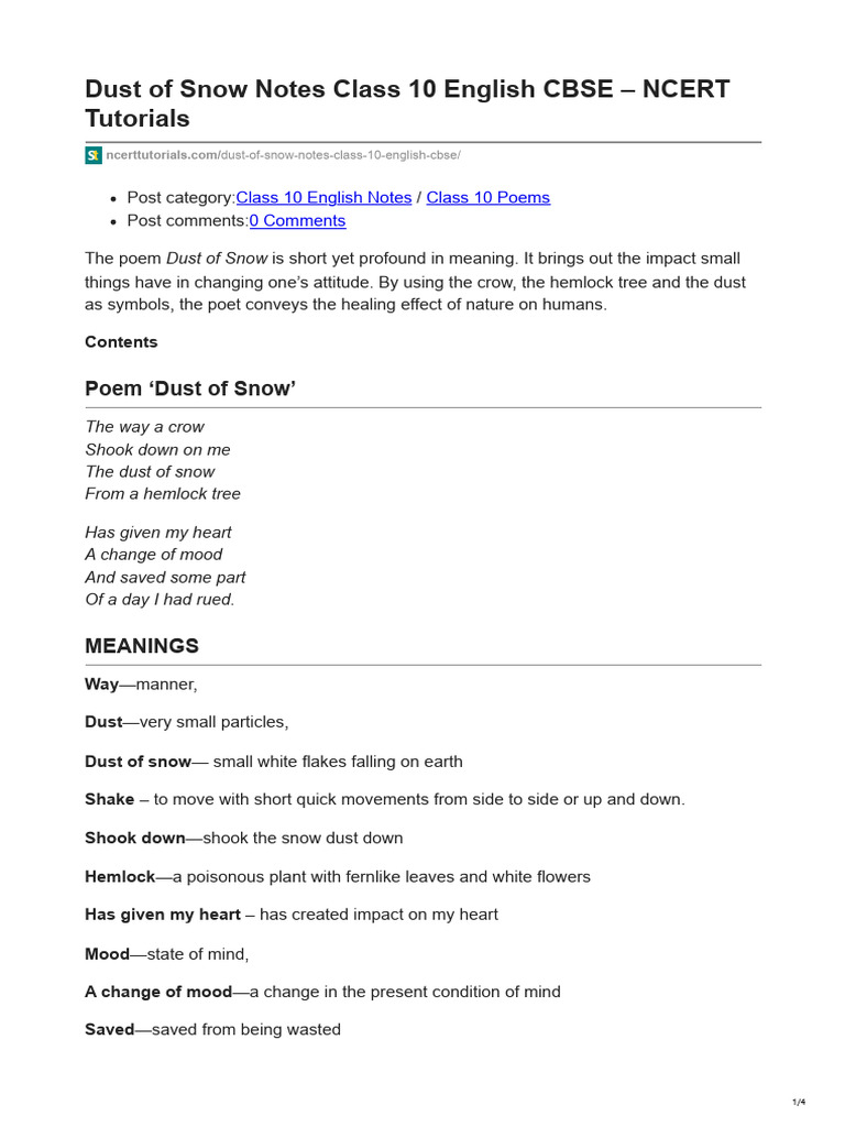 Dust of Snow Notes Class 10 English CBSE - NCERT Tutorials | PDF | Poetry