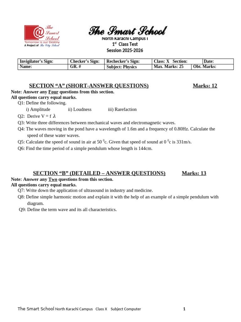 1st Class Test X Physics | PDF