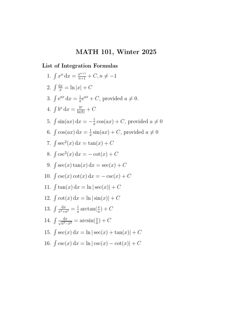 Math101 W25 Integrals Table | PDF