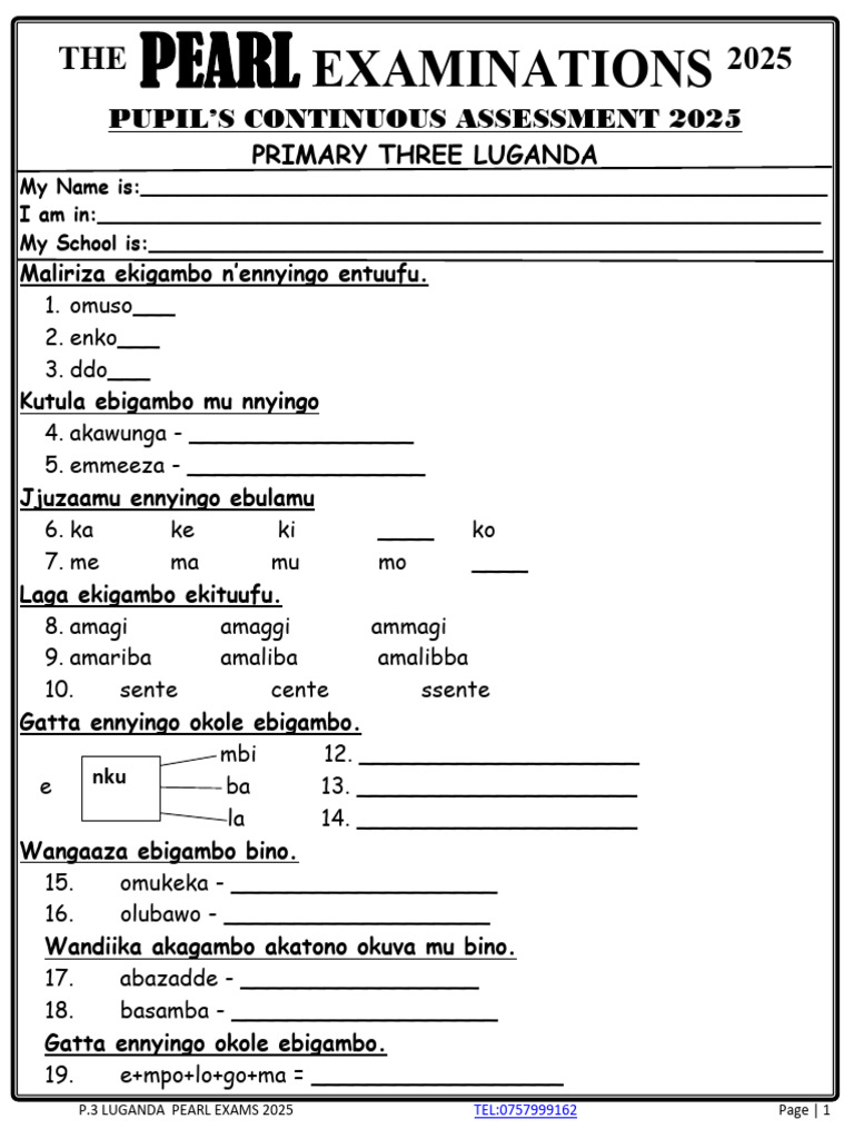 p.3 Luganda Pearl Exams Continuous Assessment | PDF | Chess Theory | Chess