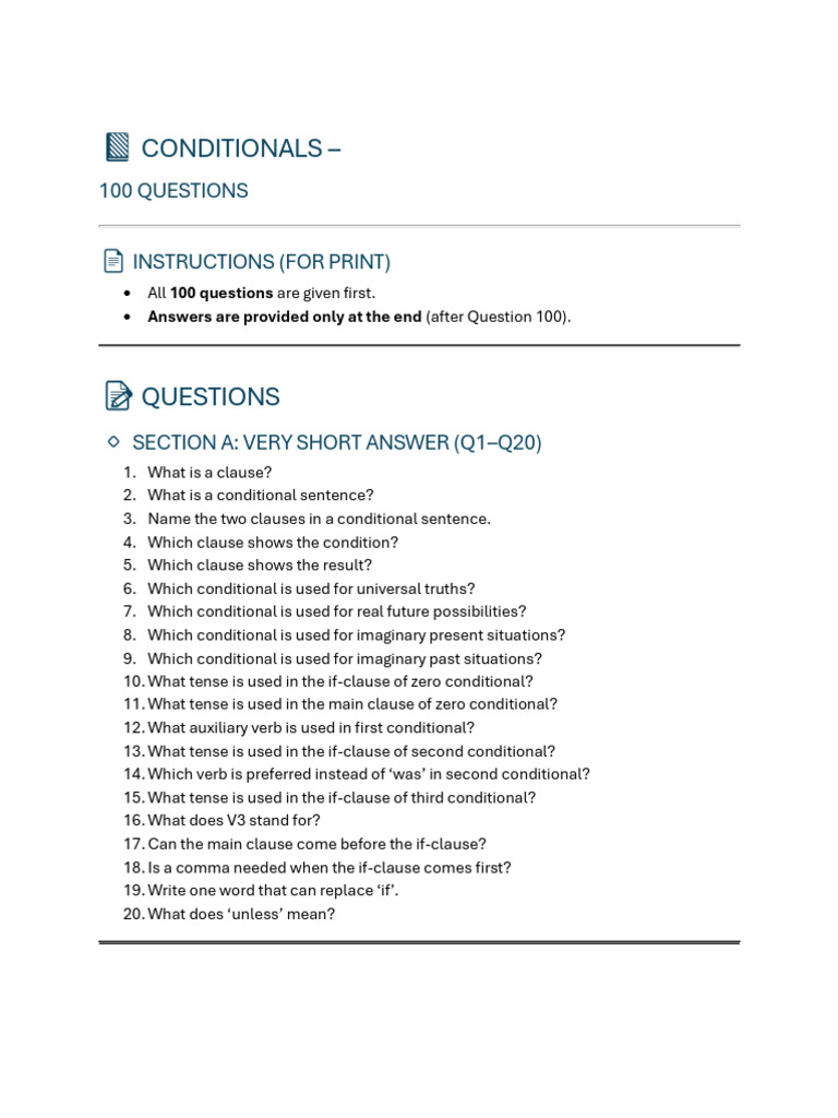 Conditionals - 100 Questions With Answers at The End 1 PLZ | PDF ...