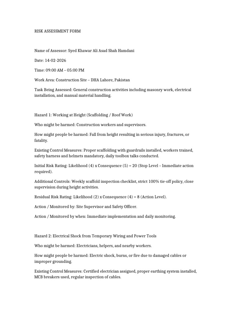 Iosh Risk Assessment Form Filled | PDF | Occupational Safety And Health ...