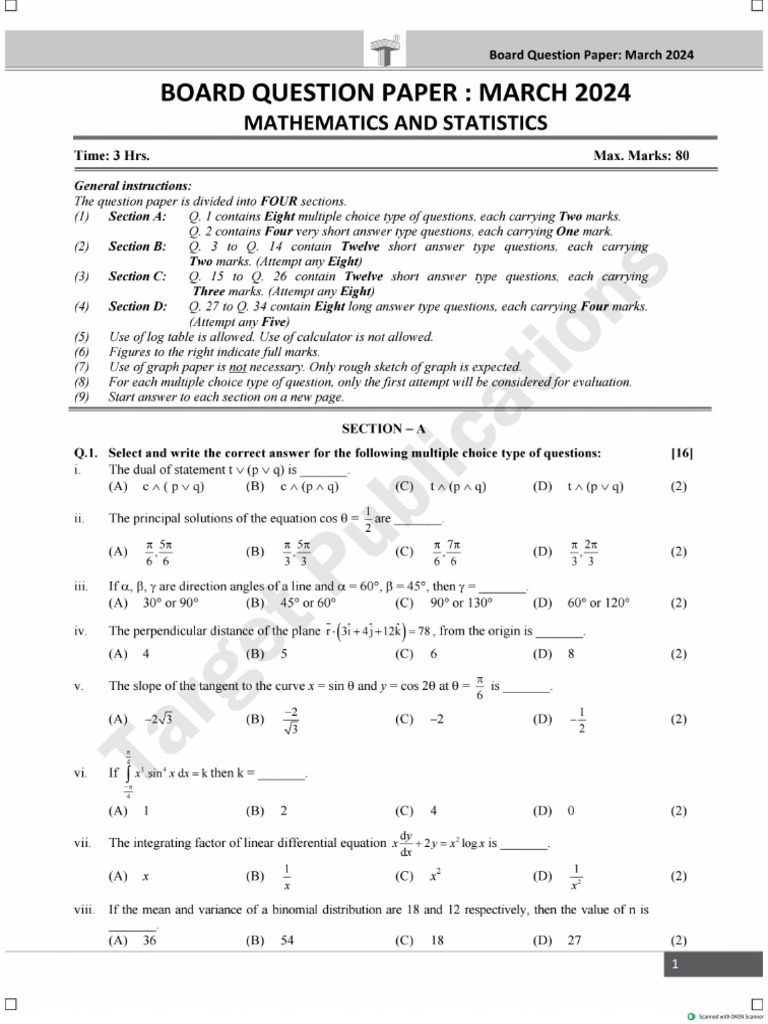 Maths Board Question Paper March 2024 | PDF