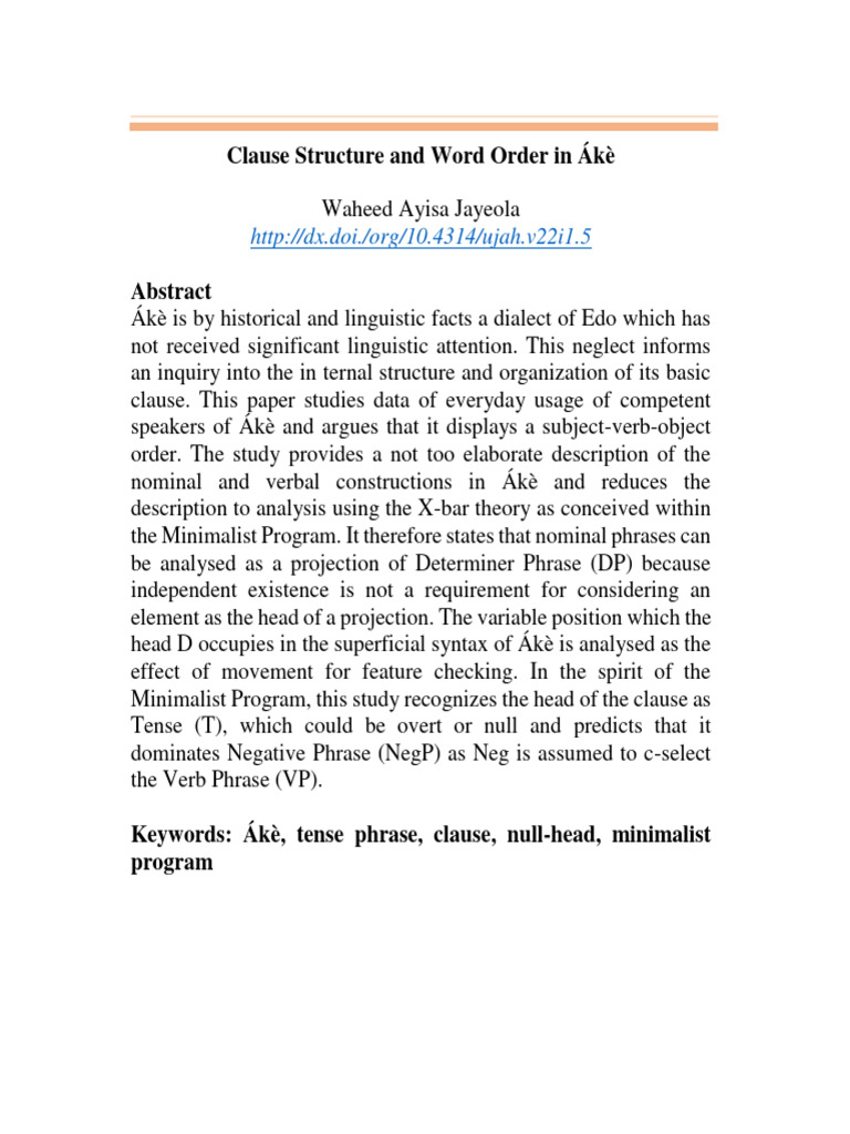 Clause Structure and Word Order in Ake | PDF | Clause | Noun