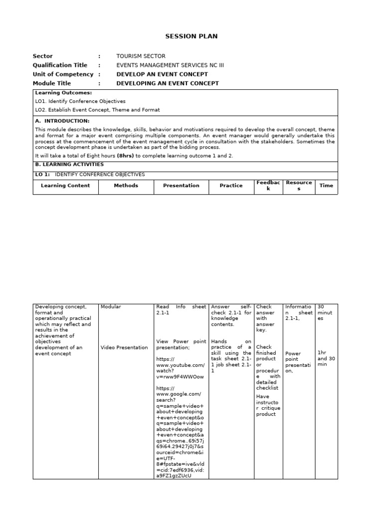 Session Plan Events Core Uc2 Develop An Event Concept | PDF | Learning ...