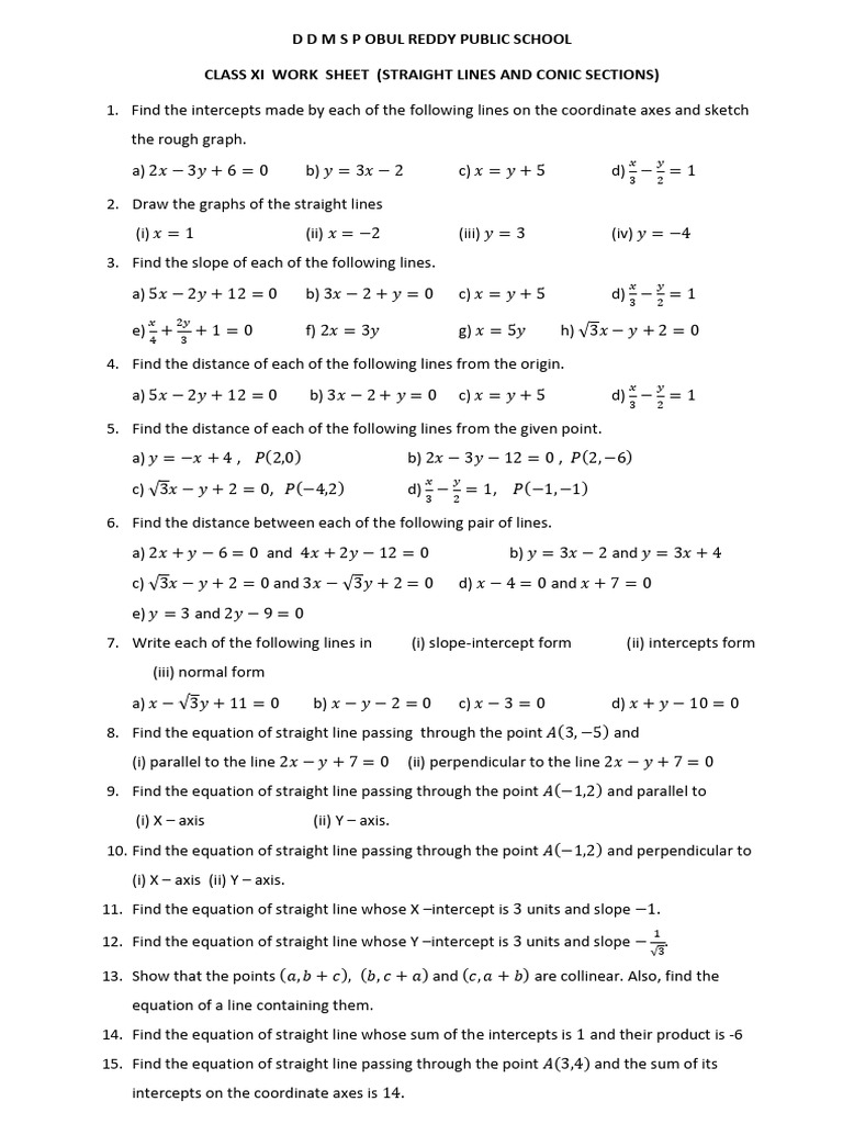 Straight Lines&Conic Section WORK SHEET PDF | PDF | Triangle | Line ...