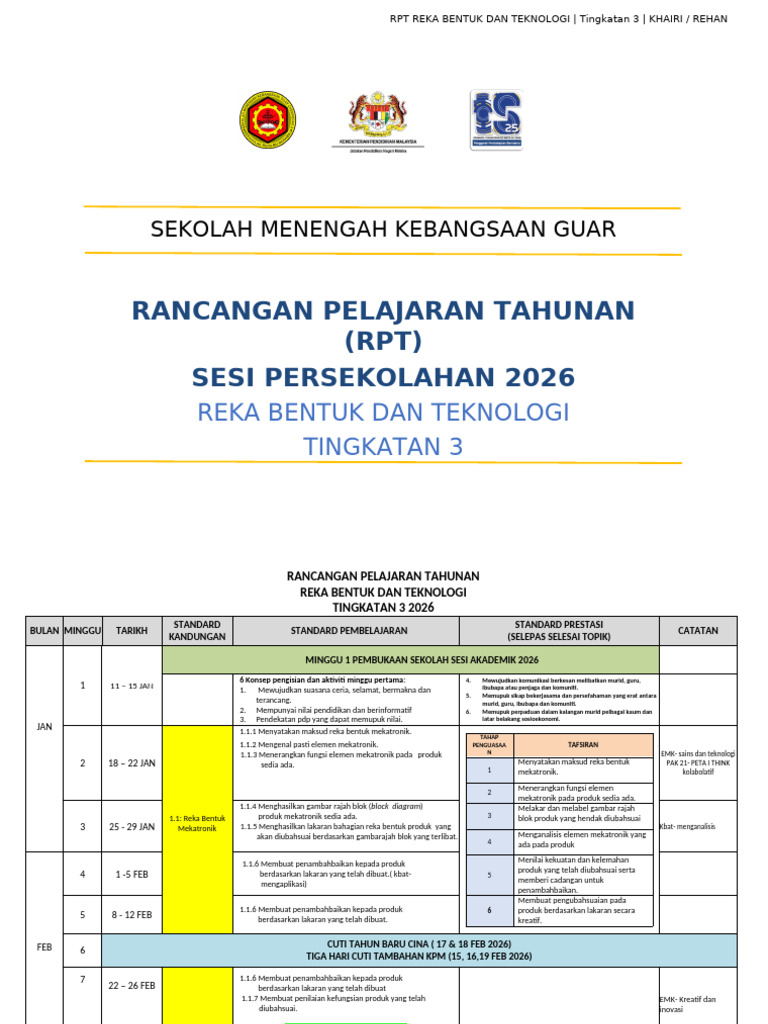 RPT RBT Tingkatan 3 2026 | PDF
