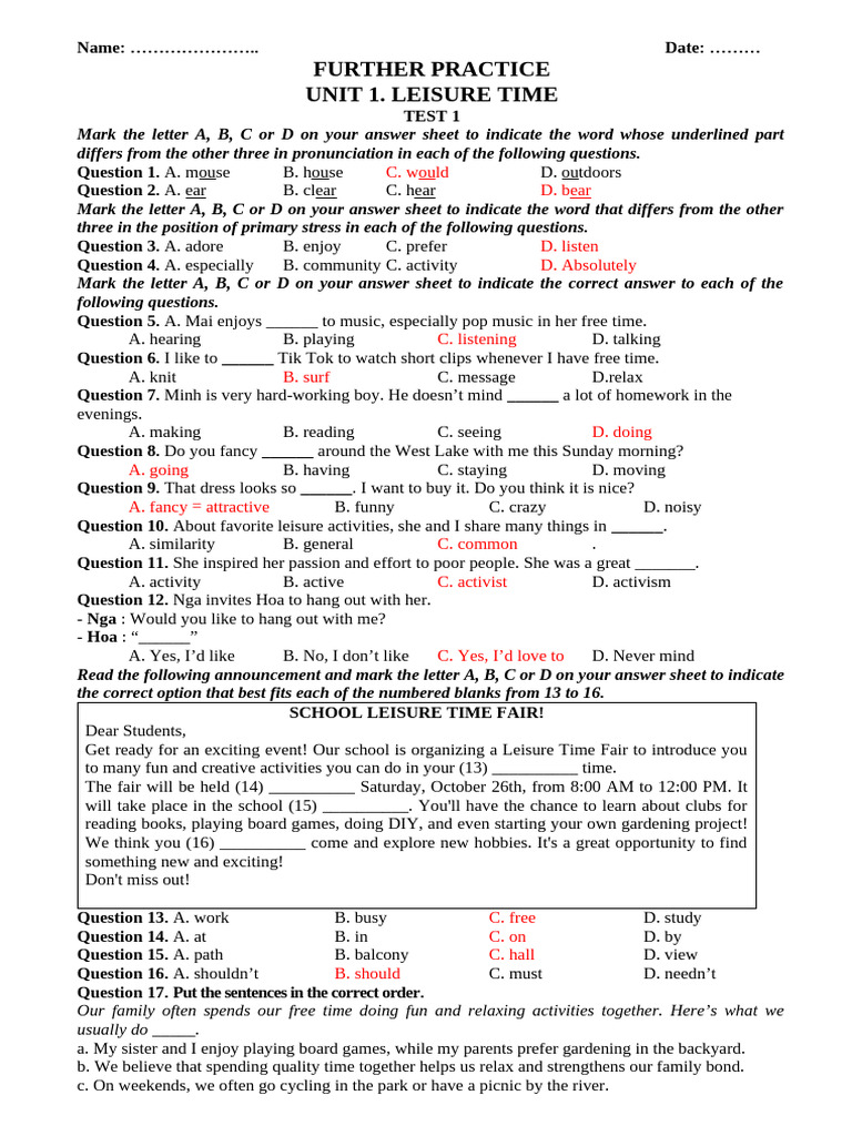 Further Practice Unit 1. Leisure Time: C. Would D. Bear | PDF | Shower ...