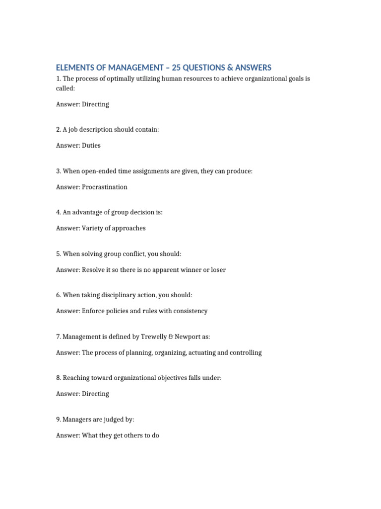 Elements of Management 25 Questions | PDF