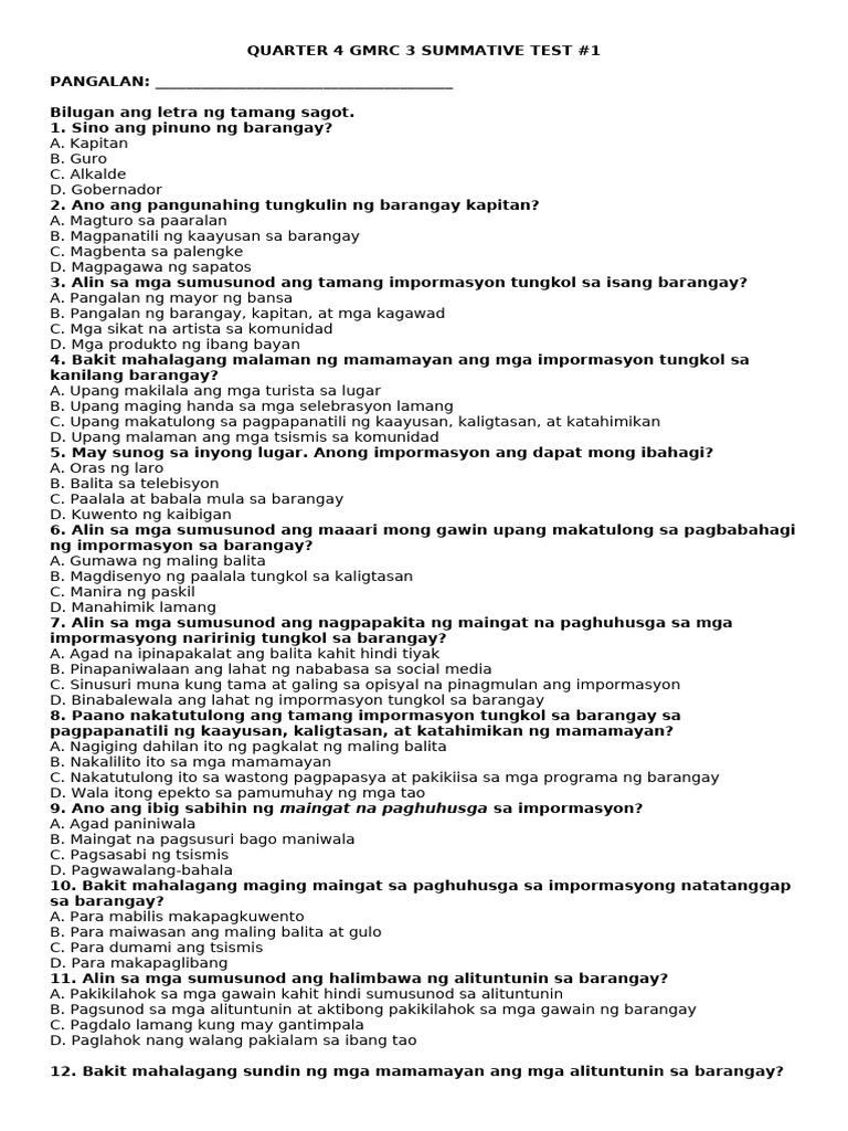 q4 GMRC Summative Test No 1 | PDF