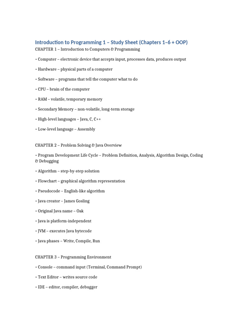 IntroProg1 Study Sheet | PDF | Java (Programming Language) | Computer ...