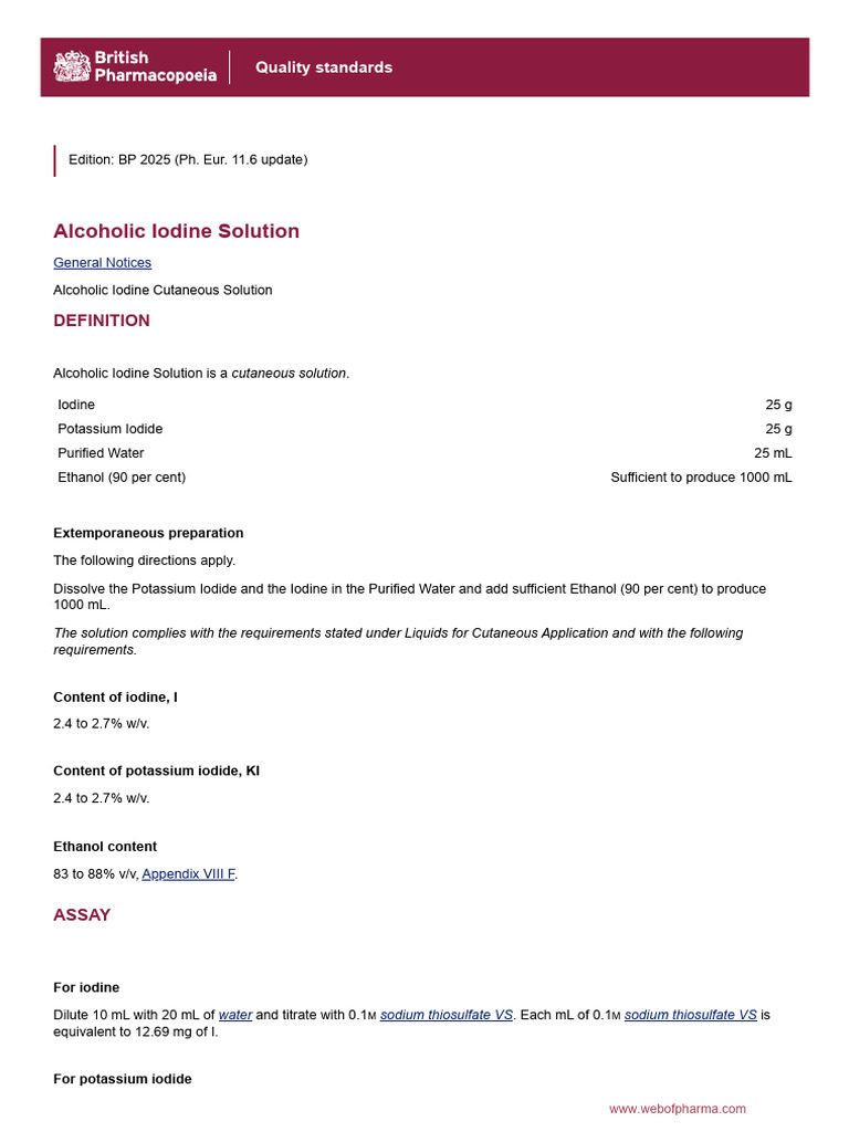 Alcoholic Iodine Solution - British Pharmacopoeia | PDF