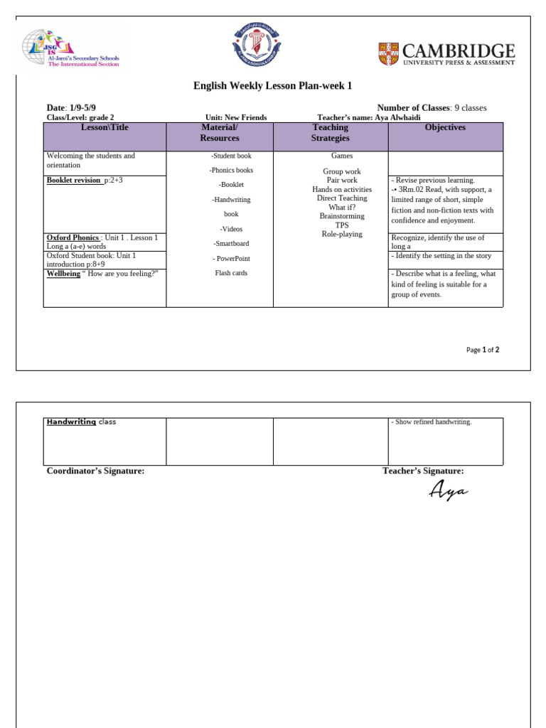 English Lesson Plan Week 1 | PDF