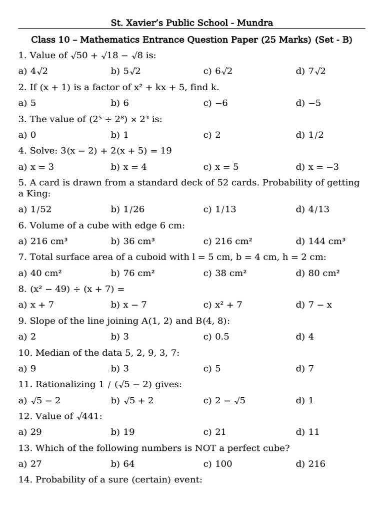 Class 10 - Maths - Entarnce - Paper - Set 2 | PDF