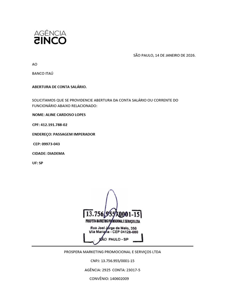 Carta de Abertura de Conta Aline | PDF