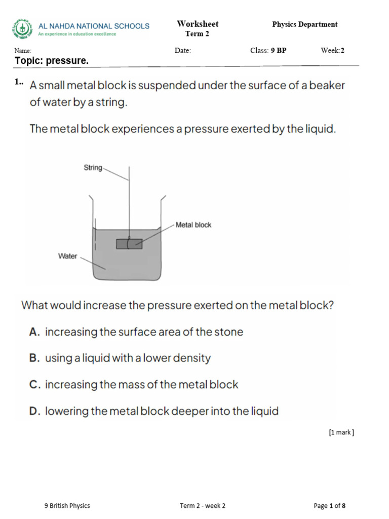 9B - T2 - W2 - Worksheet - Pressure | PDF