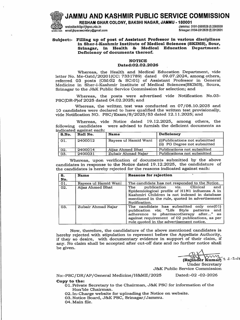 Rejection Notice For The Post of Assistant Professor General Medicine ...