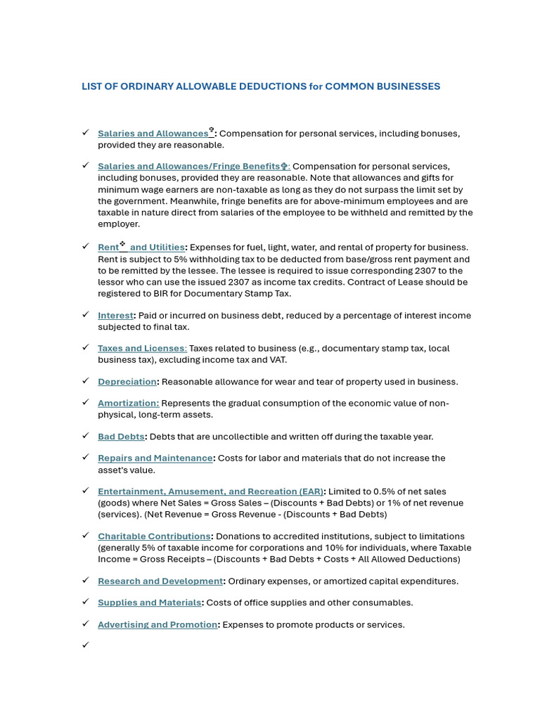 LIST OF ORDINARY ALLOWABLE DEDUCTIONS For COMMON BUSINESSES | PDF ...