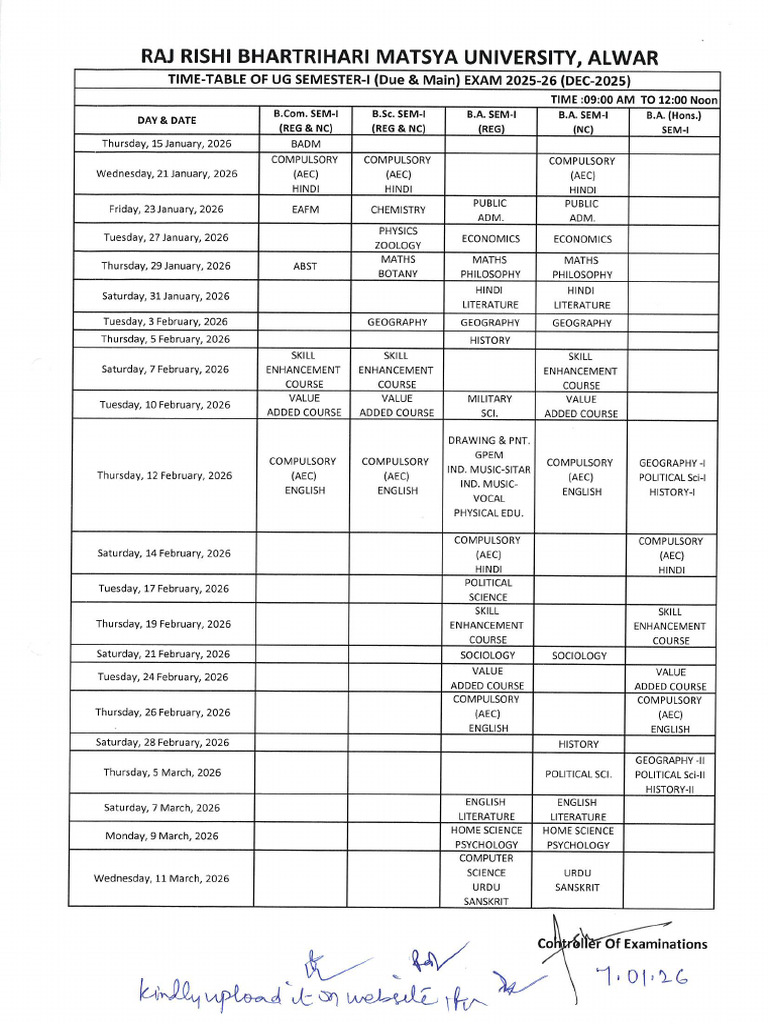 Revised Date Sheet Sem 1 3 5 Exam Dec 2025 | PDF